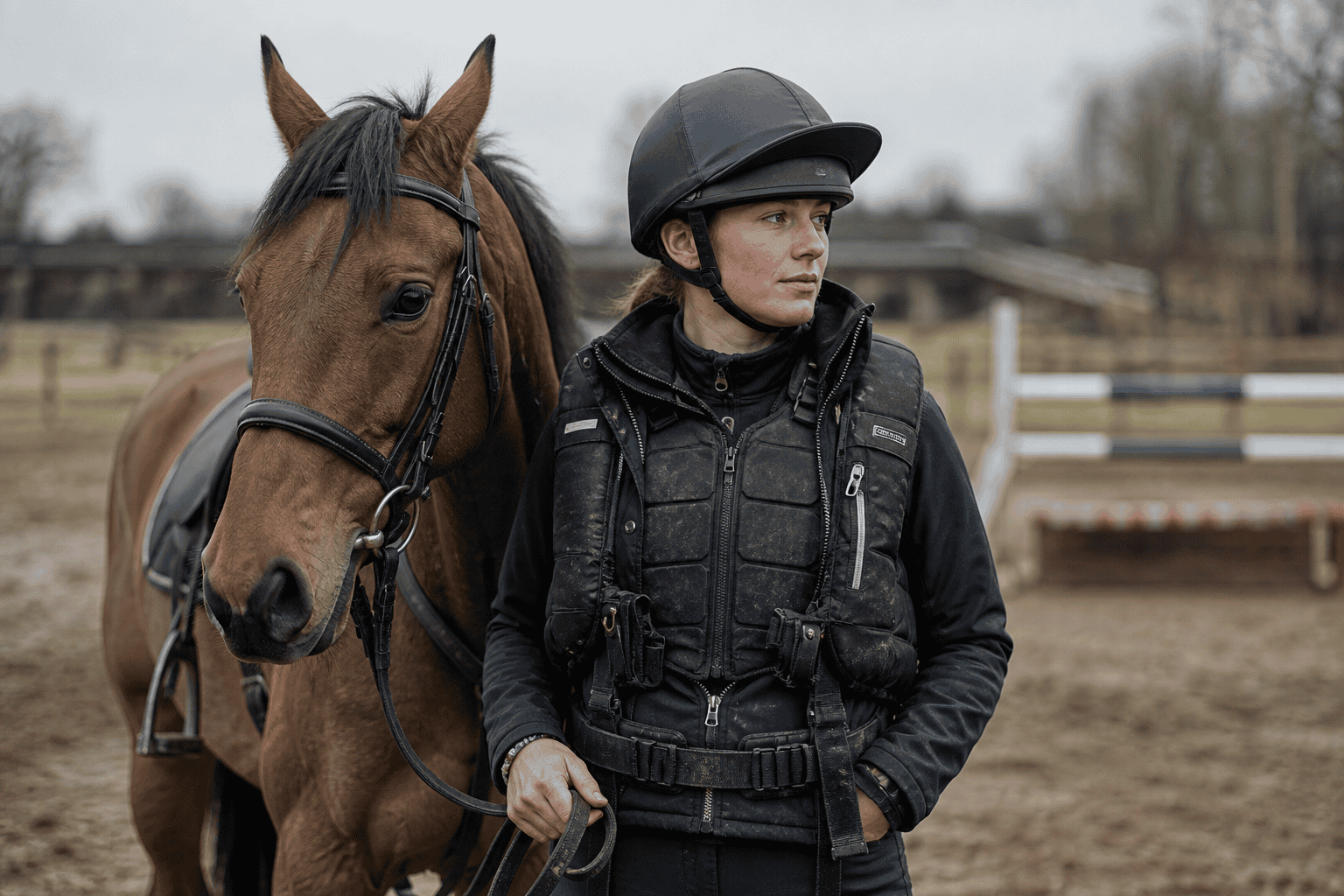 A rider wearing a helmet and protective safety vest stands beside a saddled bay horse near an outdoor riding arena