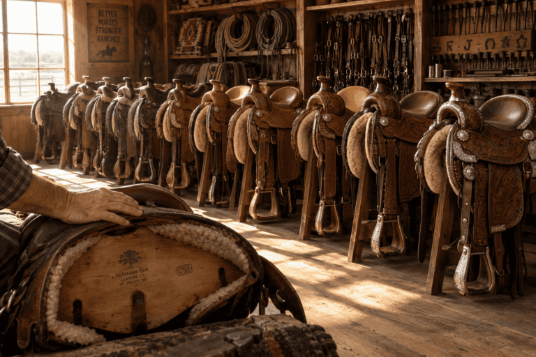 A row of leather western saddles on stands in a tack room, with a hand inspecting a saddle's Hermann Oak Leather Co. stamp in the foreground