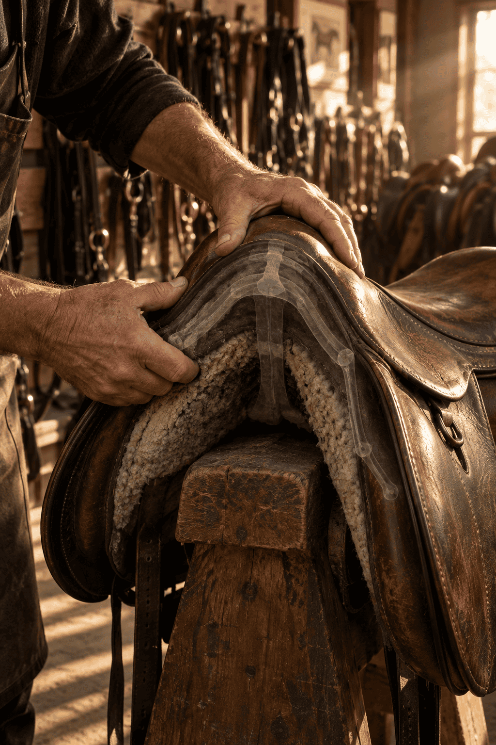 Craftsman's hands shape a leather saddle tree on a wooden stand, overlaid with a ghosted diagram of the internal frame structure