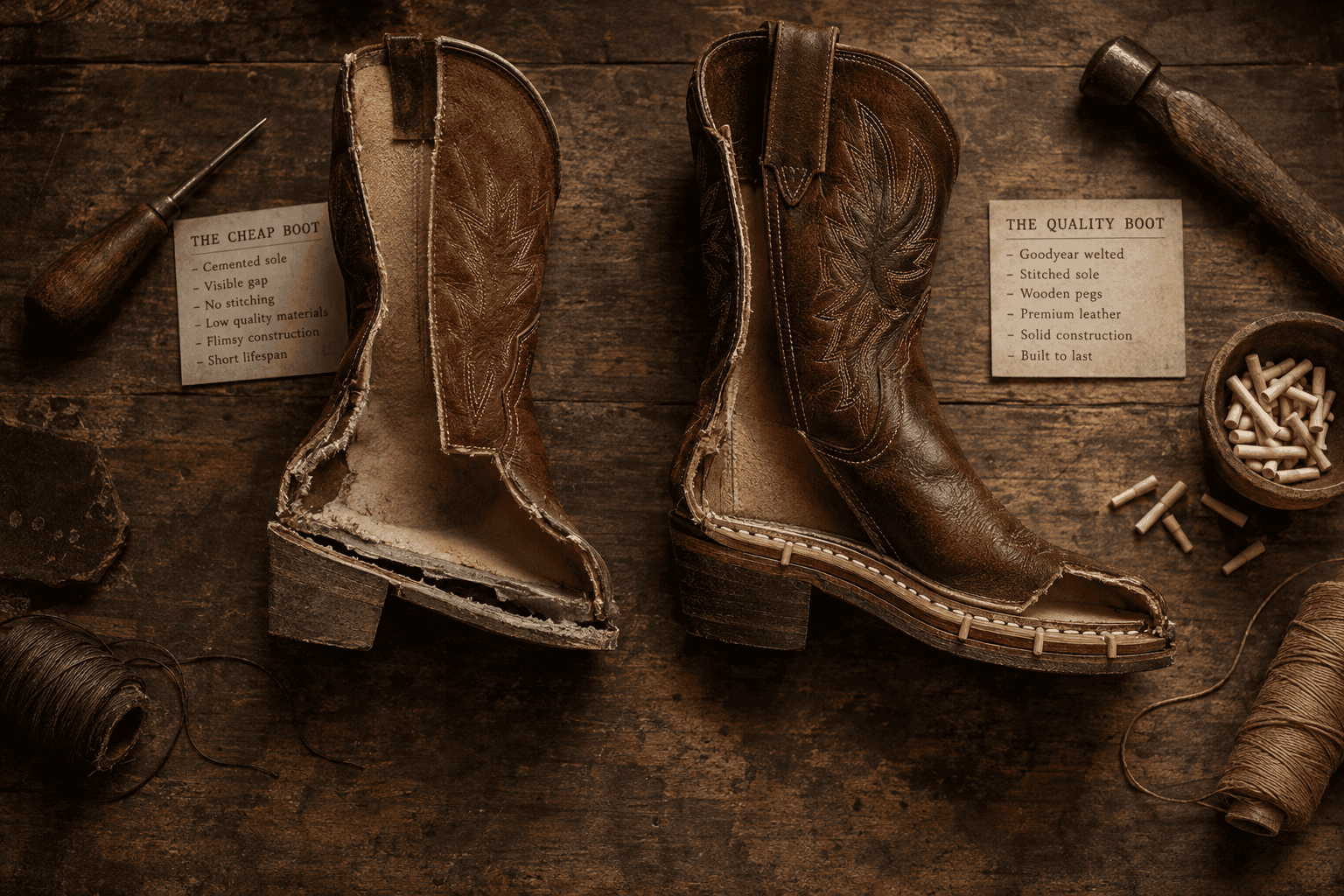Cross-section comparison of a cheap cemented-sole boot with visible gaps and flimsy construction versus a quality Goodyear-welted boot with stitched sole, wooden pegs, and premium leather