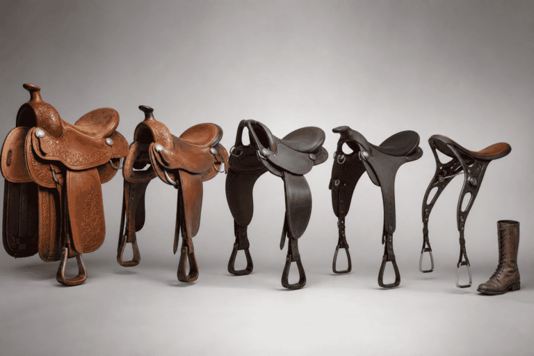 Five horse saddles arranged in a row, from ornate tooled leather Western styles to a minimalist black carbon-frame design, with a tall leather boot beside the last