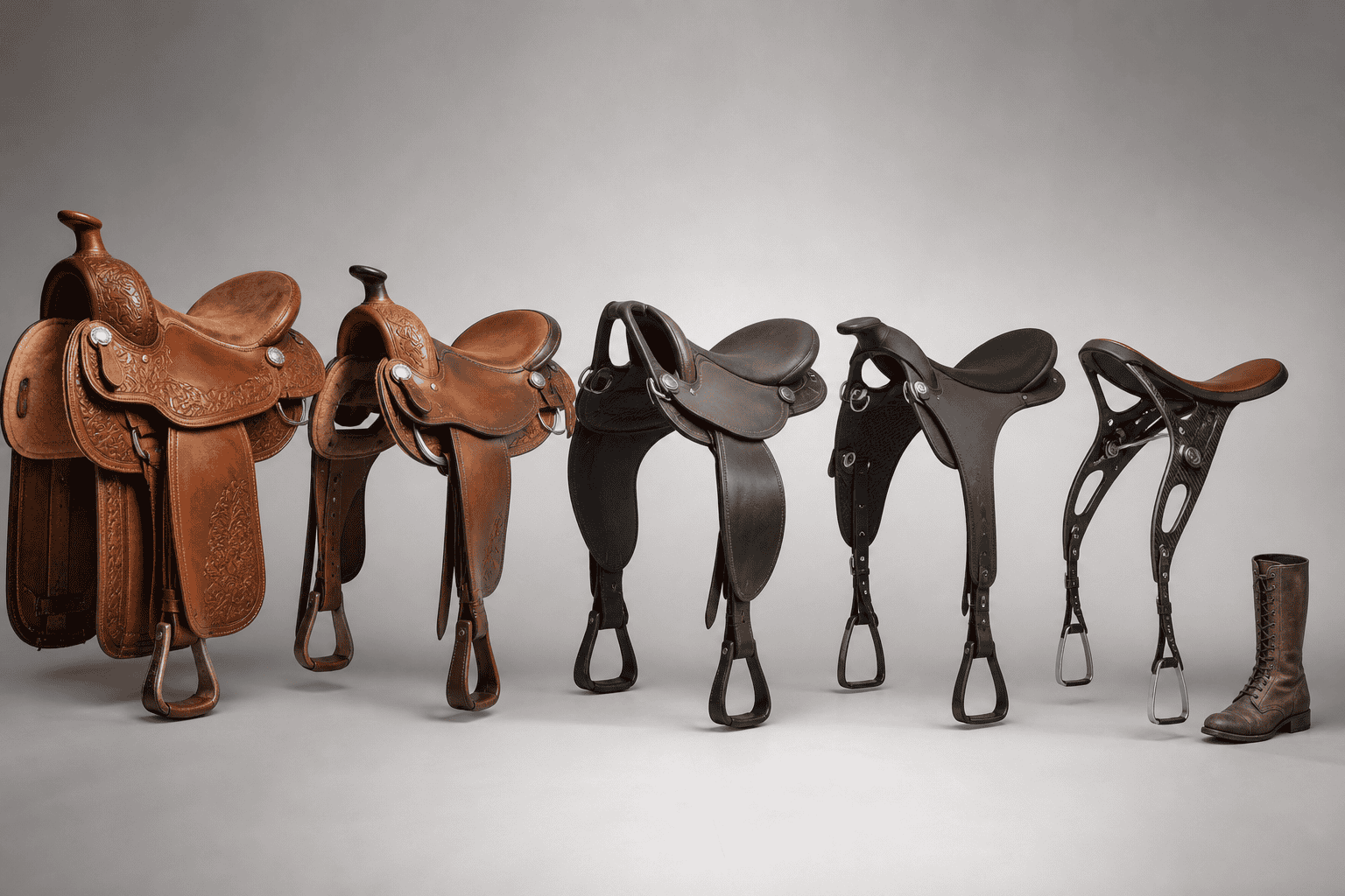Five horse saddles arranged in a row, from ornate tooled leather Western styles to a minimalist black carbon-frame design, with a tall leather boot beside the last