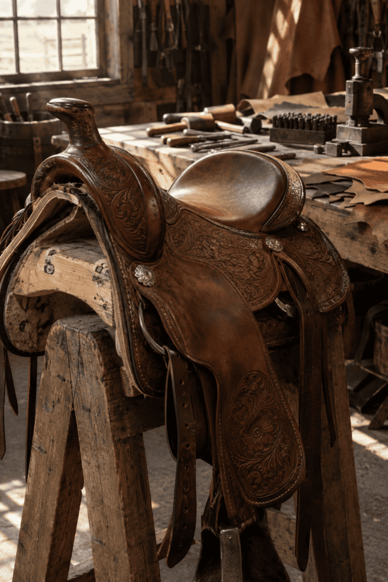 Hand-tooled leather Western saddle with floral carvings on a sawhorse in a workshop, surrounded by leatherworking tools