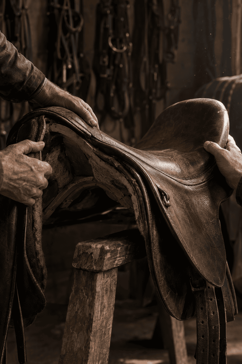 Hands examining a worn leather saddle's torn panel, revealing wood frame beneath, in a workshop with hanging tack