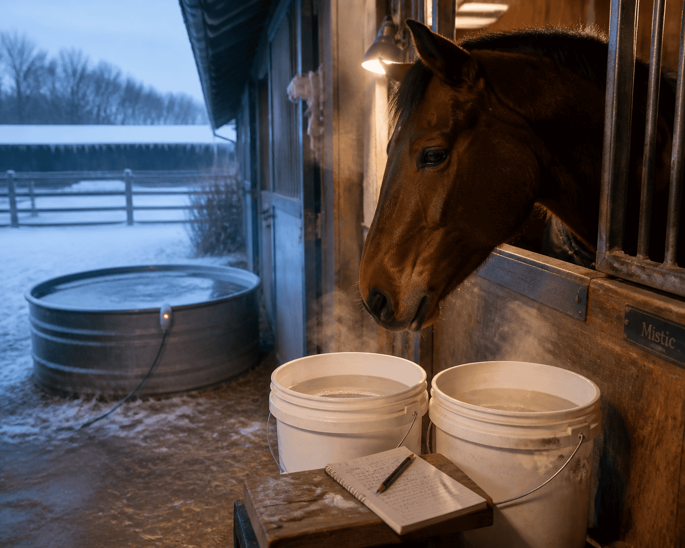 Horse named Mistic leaning out of its stall, steam rising from two water buckets in a snowy barnyard scene