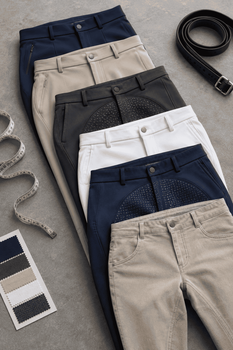 Riding breeches in navy, tan, gray, white, and silicone-grip styles, shown with a belt, measuring tape, and fabric swatches