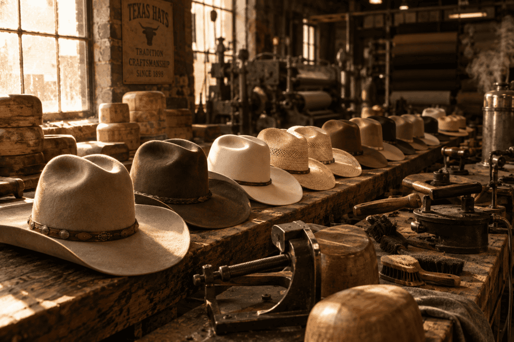 Row of felt and straw cowboy hats lined up on a workbench in a traditional hat-making workshop with tools and a Texas Hats sign