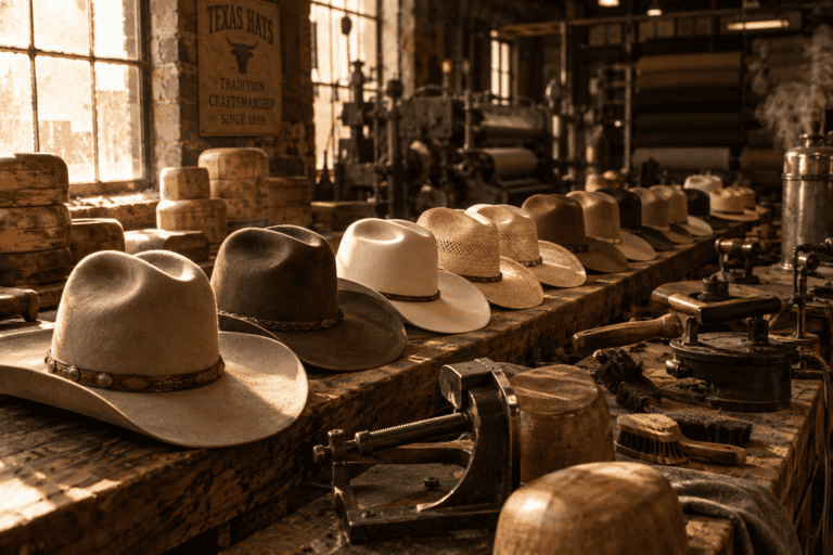 Row of felt and straw cowboy hats lined up on a workbench in a traditional hat-making workshop with tools and a Texas Hats sign
