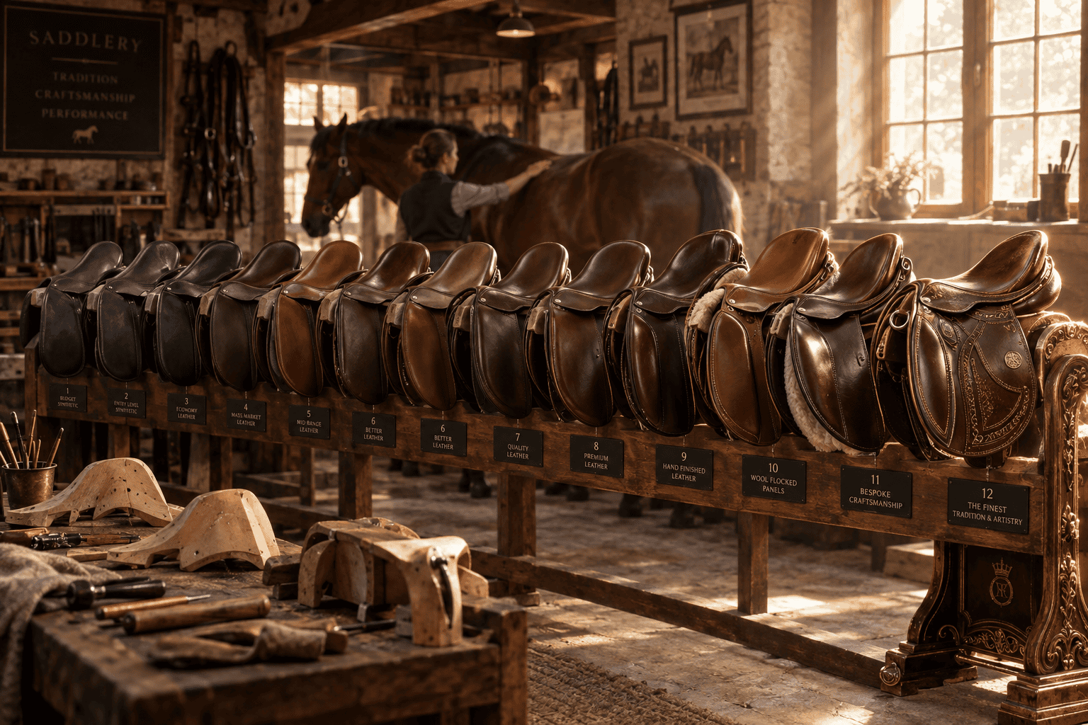 Row of twelve saddles ranked 1 to 12, from budget synthetic to bespoke finest craftsmanship, in a saddlery workshop