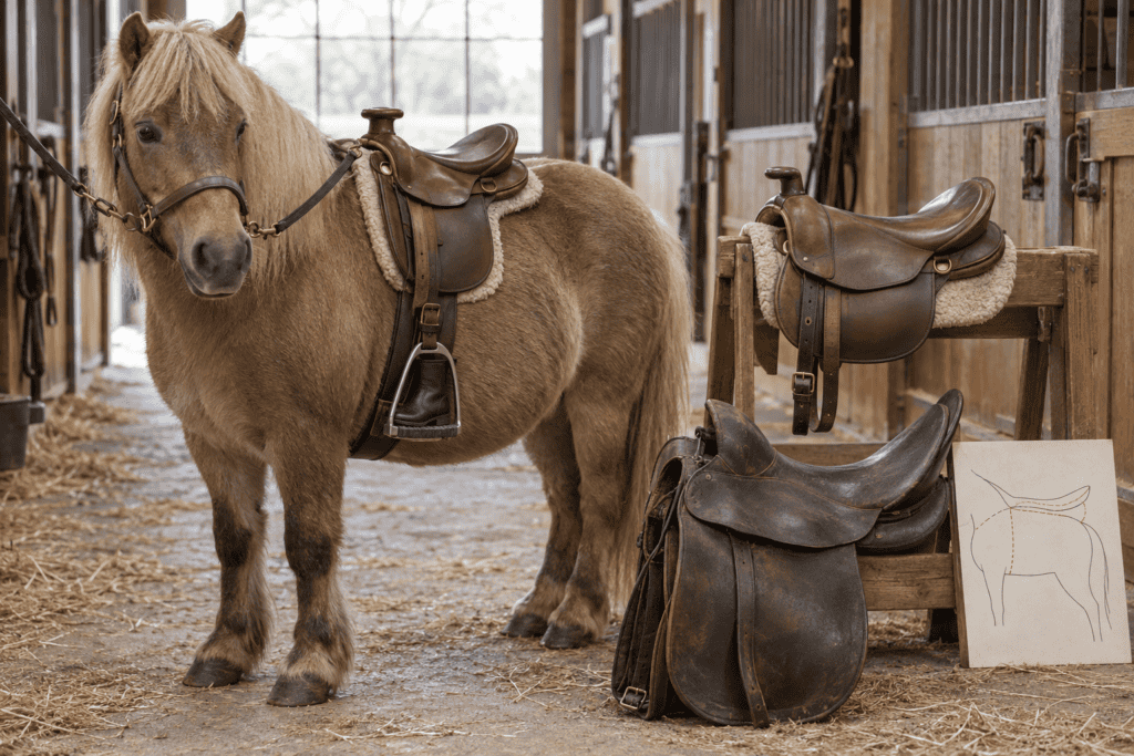 Saddled pony stands in a stable aisle beside two additional saddles and a diagram of saddle placement on a horse