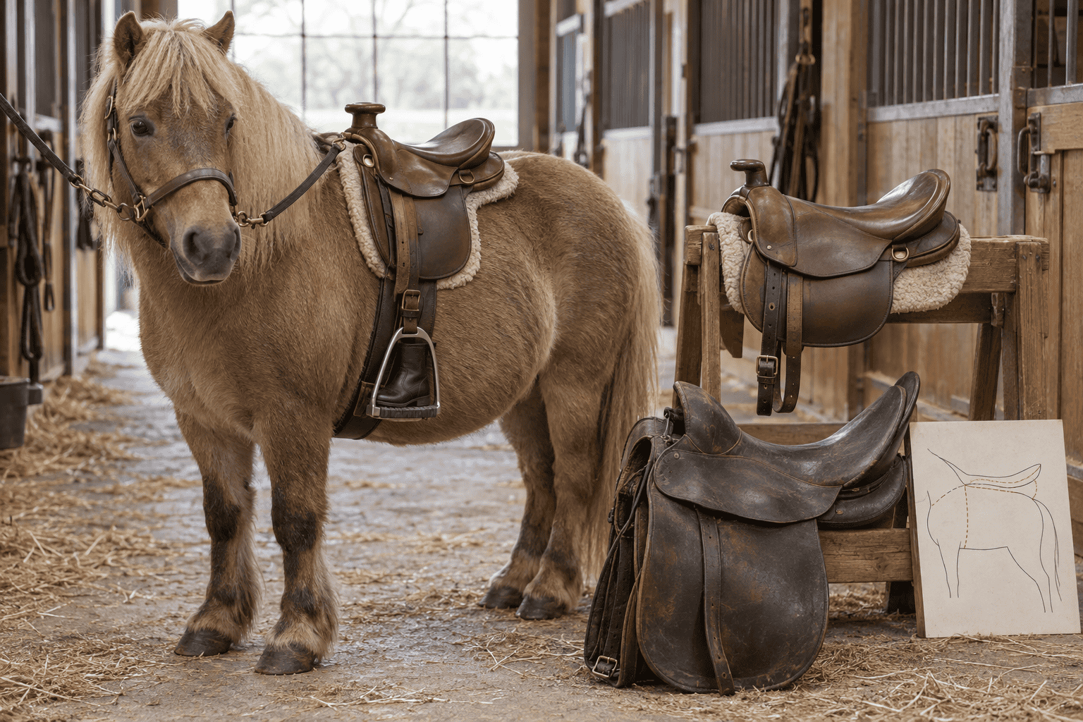 Saddled pony stands in a stable aisle beside two additional saddles and a diagram of saddle placement on a horse